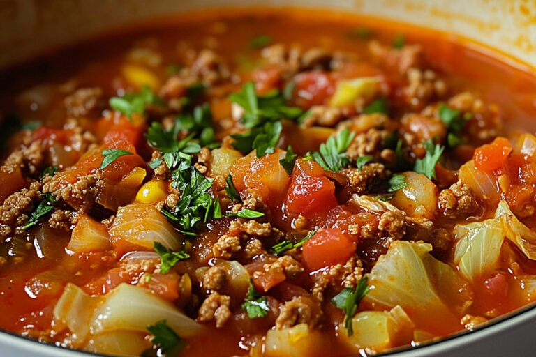 A bowl of hearty cabbage roll soup with ground beef, cabbage, and rice in a rich tomato broth, garnished with fresh herbs.