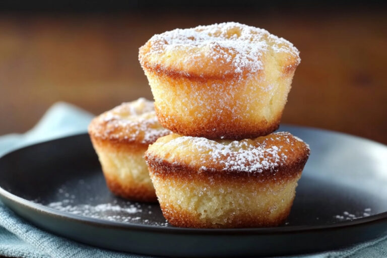 Golden-brown cinnamon sugar French toast muffins with a crispy sugar topping, served on a white plate.