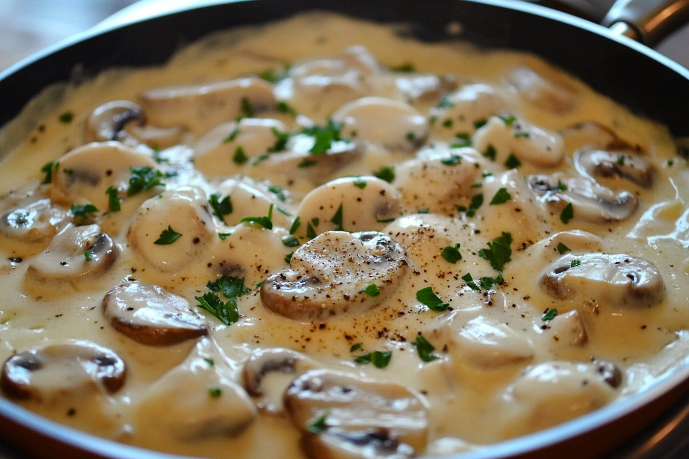 Garlic Parmesan Mushrooms in a skillet, coated in a buttery garlic sauce and topped with melted Parmesan cheese.