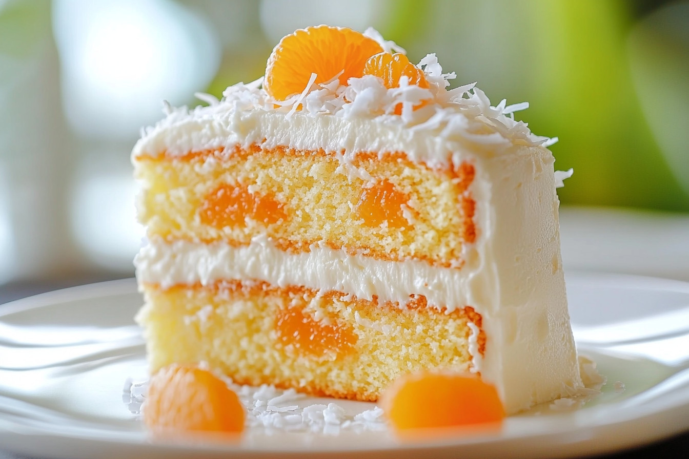 A slice of Mandarin Orange Cake topped with creamy pineapple coconut frosting, garnished with orange slices.