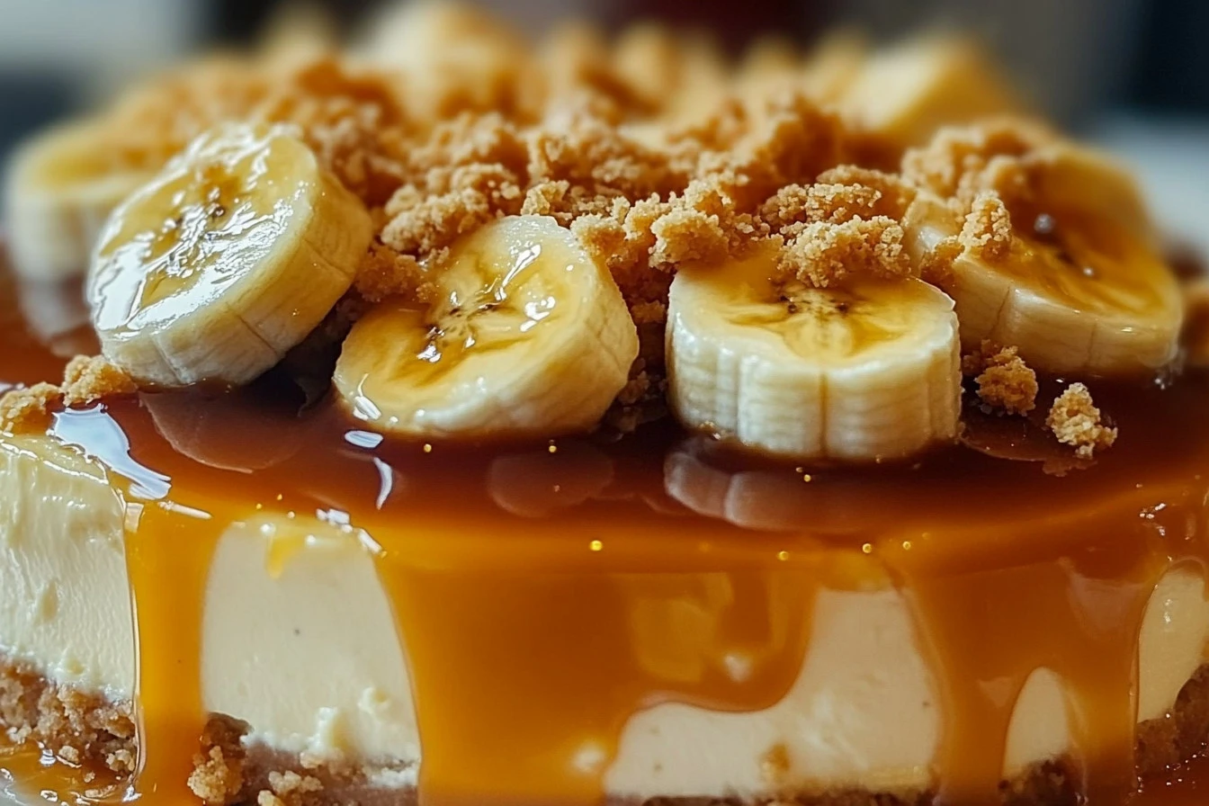 A rich and creamy caramel banana pudding cheesecake topped with caramel drizzle and banana slices.