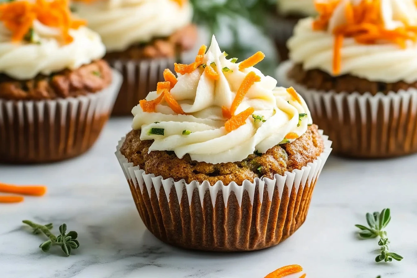 Freshly baked carrot cake zucchini muffins with a golden top, sprinkled with nuts and cinnamon.