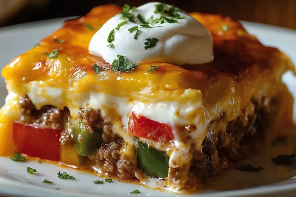 Baked John Wayne Casserole with layers of biscuits, seasoned beef, and melted cheese.