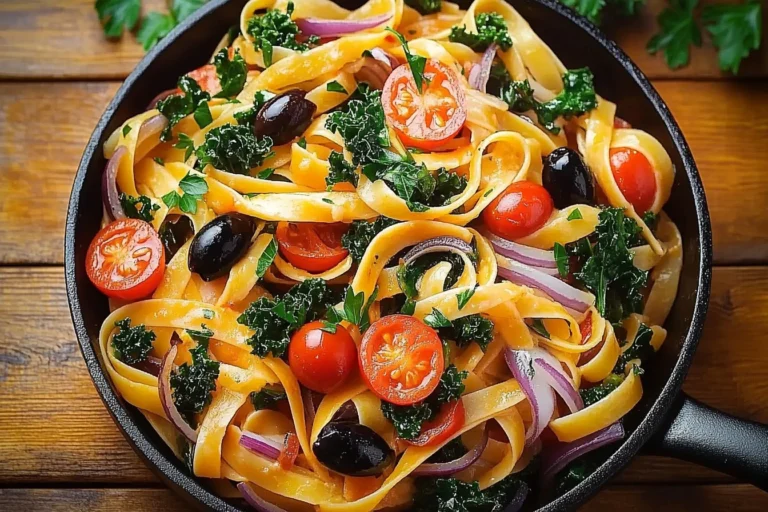 Plate of Mediterranean tomato and spinach pasta with cherry tomatoes, garlic, and fresh basil.